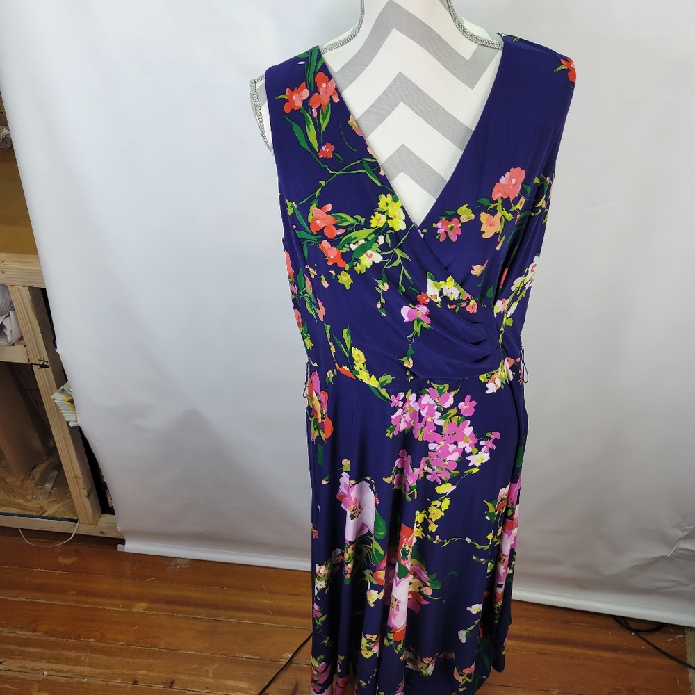 Lauren Ralph Lauren Faux Wrap Navy Floral Sleeveless Midi Dress Side Zip Size 16